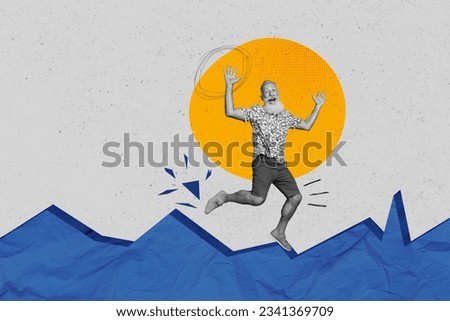 Illustration advert travel agency collage of old senior man jump carefree swimming ocean sun magazine picture isolated on grey background