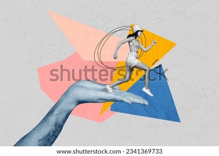 Composite abstract illustration photo collage of active purposeful woman run sprint on large hand isolated creative colorful background