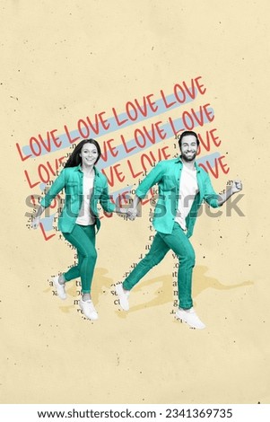 Vertical collage picture of two cheerful black white colors partners hold arms running hurry love book text isolated on beige background