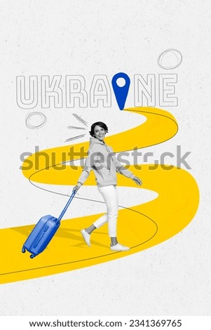Artwork collage of funny young female student girl walking with baggage come back home ukraine navigation isolated over white background