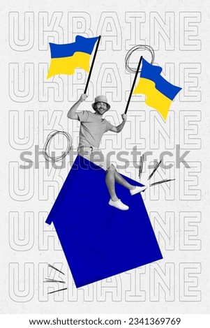 Banner collage design artwork of young patriotic guy holding national emblem ukraine flag hope war will stop isolated on white background