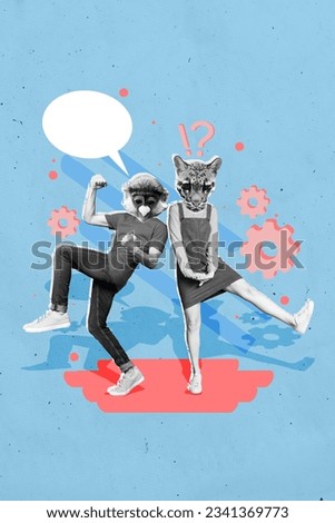Couple of two colleagues black white retro style picture collage masks wild animals speaking create mechanism isolated on blue background