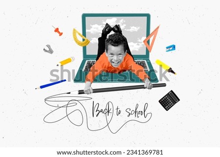 Collage image of mini funky black white effect kid hands hold huge pencil netbook screen back to school supplies isolated on creative background