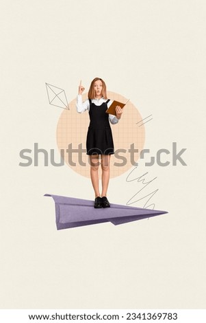 Composite collage image of excited shocked surprised amazed schoolgirl finger point up read book paper plane geometry science study