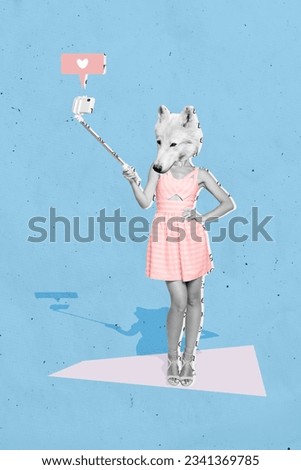 Vertical collage of black white colors gorgeous girl dog head hold selfie stick smart phone like notification isolated on blue background