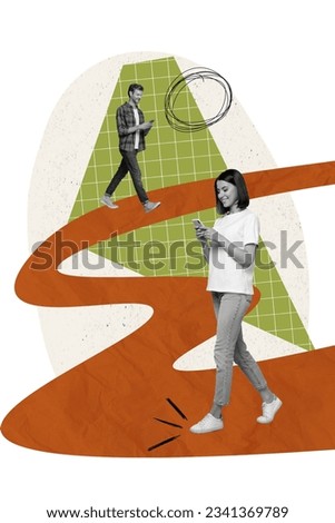 Vertical composite visual photo illustration collage of happy people chatting on smartphones isolated on creative painted background