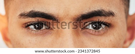 Banner, closeup and portrait of the eyes of a man for optometry, eye care or microblading. Zoom, eyebrow cosmetics and face of a person or male model with vision, healthcare or contact lenses