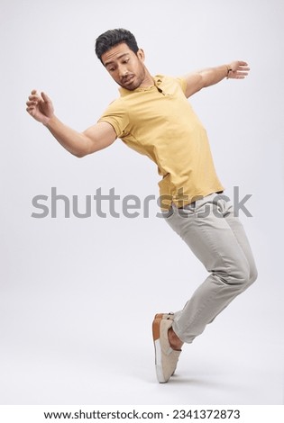 Dance, movement and man on toes in studio for freedom, energy and performance. Creative, training and isolated male person balance, moving and in action pose for a dancer on mockup, white background