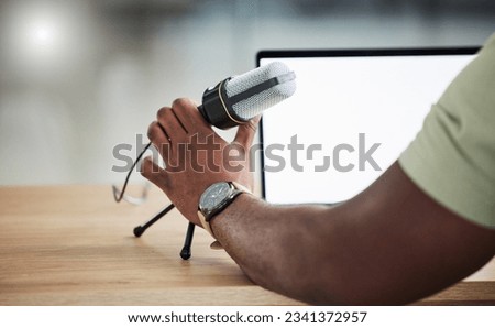 Microphone, laptop screen and mockup with hand of person for live streaming, radio and speaker. Social media, influencer and communication with closeup of man for podcast, digital and content creator