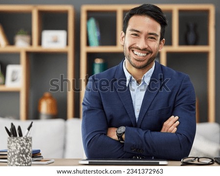 Portrait, business or Asian man with arms crossed, smile or tablet with career, modern office or happiness. Face, male person or employee in a workplace, professional or happy accountant with success