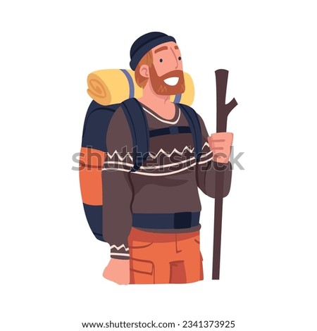 Young Bearded Man with Pole Engaged in Local Tourism Wearing Backpack and Hiking Vector Illustration
