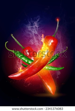 Explosive Hot Chilli, red and green hot and on fire red Chilli pepper.