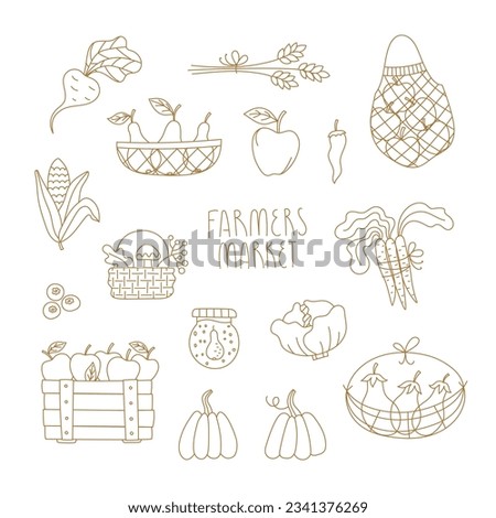 Vector Line set with autumn farmers market elements for card, invitation, web site, stickers, banner. Cute fall minimal illustrations. Royalty-Free Stock Photo #2341376269
