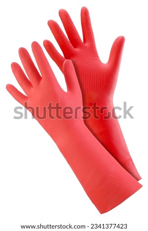 A Pair of red rubber gloves for domestic use isolated on white _ clipping path. Royalty-Free Stock Photo #2341377423
