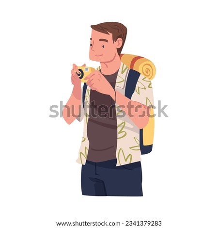 Young Man with Camera Engaged in Local Tourism Wearing Backpack and Hiking Vector Illustration