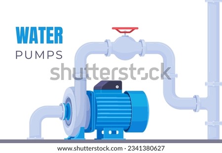 Water pumps with connected pipes. Pumping of water and liquids. Technical equipment for water stations. Water supply pipes. Vector illustrations
