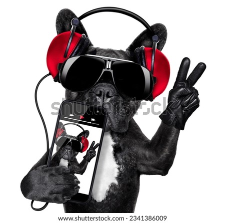 cool dj dog listening to music with earphones and music player with peace or victory fingers
