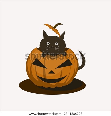 Halloween vector illustrations with black cat on top of a pumpkin.