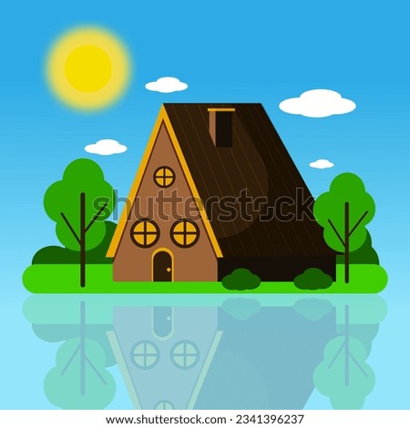 Simple illustration with sun. House in flat style