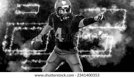 American football player banner with neon colors. Collage, poster. Design for flyer ad. Mockup for betting advertisement. Sports betting, football betting, gambling, bookmaker, big win