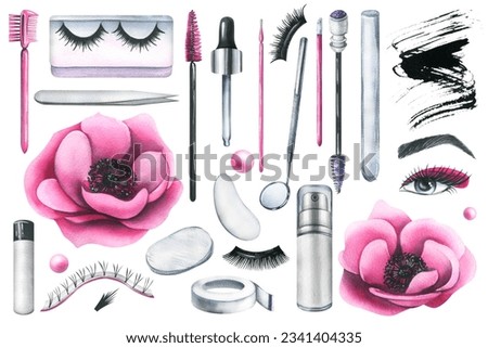 Cosmetics for the master of eyelash extension, a working tool for carrying out beauty procedures in the salon. Hand-drawn watercolor illustration. Set of isolated objects on a white background