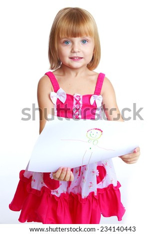 Happy childhood, joy of learning, creativity, child concept.little girl in a red dress draws.Isolated on white background.