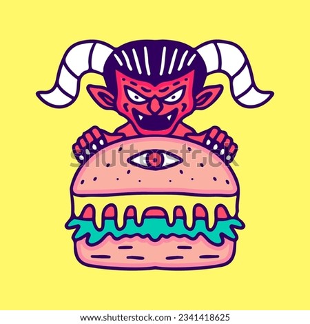 Devil holding one eye burger, illustration for t-shirt, sticker, or apparel merchandise. With doodle, retro, and cartoon style.