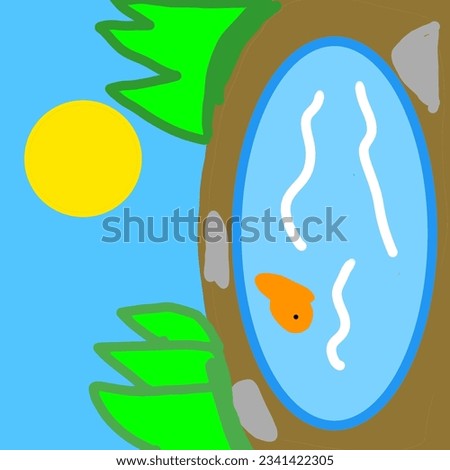 in this picture shows there is a small pond inhabited by orange fish which are still children