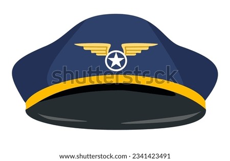 Cartoon vector aviation pilot hat. Navy blue, black and gold. Royalty-Free Stock Photo #2341423491
