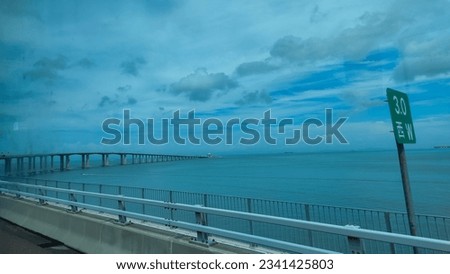 Wide view of the sea from the bus over the Hong Kong Zhuhai Macao bridge.
