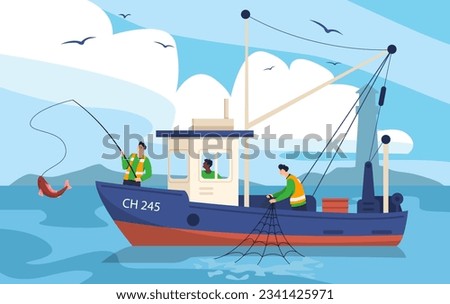 Fishing in boat concept. Men with net at sail. Fishin g industry and fishermans at sea or ocean. Active lifestyle and outdoor leisure. People with red fish. Cartoon flat vector illustration
