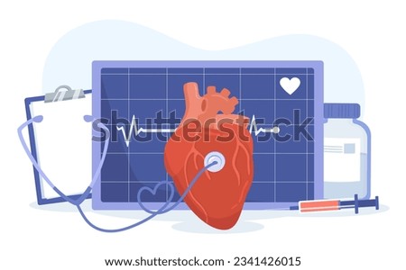 Cardiogam with heart problem concept. Health care, diagnosis and treatment. Heartbeat rate at monitor and display. Poster or banner for website. Cartoon flat vector illustration Royalty-Free Stock Photo #2341426015