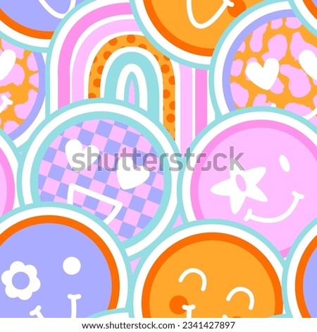 Seamless pattern with emotions faces and rainbow. Fashion print for little kids girl. Cute background Royalty-Free Stock Photo #2341427897