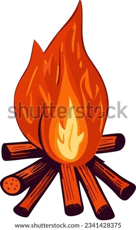 illustration of a wooden campfire, roaring bonfire. Warm and inviting, outdoor and camping themes