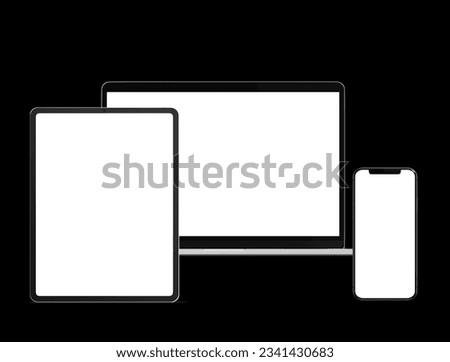 Smartphone, monitor, laptop, tablet modern mockups with blank frameless screens on black background featured design.