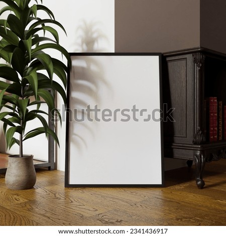 minimalist frame mockup poster template on the floor with plant decoration. 50x70, 20x28, 20RP frame mockup poster. Minimalistic concept of home decoration. Royalty-Free Stock Photo #2341436917