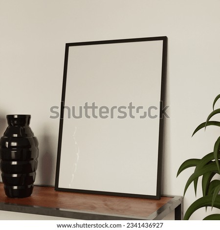 simple frame mockup poster on the wooden table with black vase decoration and plant. 50x70, 20x28, 20RP frame mockup poster. 3D render. 3D illustration. Template.