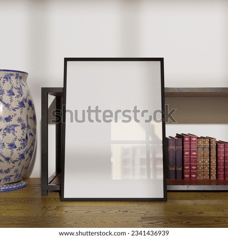 simple frame mockup poster leaning on the console table with book and vase as a decoration. 50x70, 20x28, 20RP frame mockup poster. Minimal design in bright interior background Royalty-Free Stock Photo #2341436939