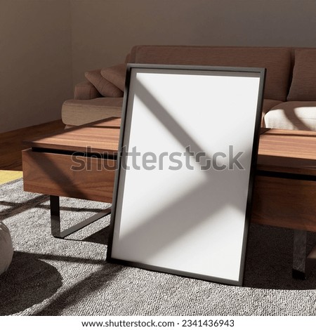 aesthetic frame mockup poster leaning on the wooden coffee table lit by sunlight in the warm living room. 50x70, 20x28, 20RP frame mockup poster Royalty-Free Stock Photo #2341436943