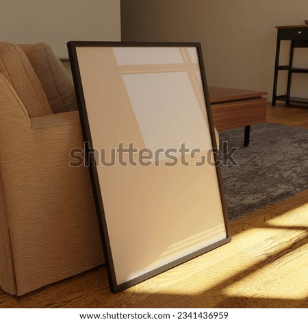 simple frame mockup poster template leaning on the sofa lit by sunlight with reflection effect in the living room. Minimalistic concept of home decoration. 50x70, 20x28, 20RP frame mockup poster Royalty-Free Stock Photo #2341436959