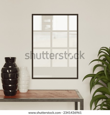 frame mockup poster template hanging on the wall with black and white vase as decoration. 50x70, 20x28, 20RP frame mockup poster Royalty-Free Stock Photo #2341436961