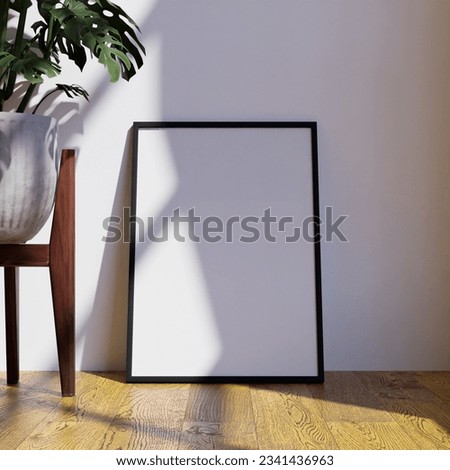 simple minimalist frame mockup poster on the floor leaning on the white wall with plant and pot as decoration. 50x70, 20x28, 20RP frame mockup poster Royalty-Free Stock Photo #2341436963