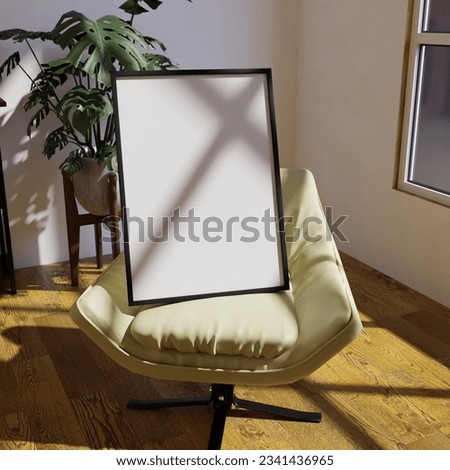 aesthetic frame mockup poster template on the armchair lit by sunlight in the living room close up 50x70, 20x28, 20RP frame mockup poster. Royalty-Free Stock Photo #2341436965