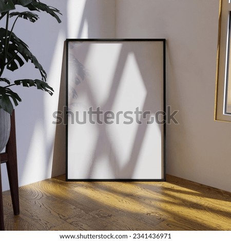 frame mockup poster on the wooden floor in the corner of the living room leaning on the white wall with plant decor. 70x100 frame mockup poster Royalty-Free Stock Photo #2341436971