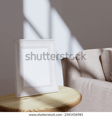 little frame mockup template on the wooden side table with beige sofa for your memories photo. 13x18, 5x7, 5R frame mockup poster. Modern interior design