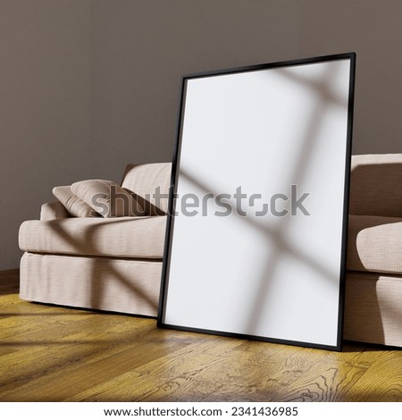 70x100 frame mockup poster leaning on the beige sofa light by sunlight. Minimal design in bright interior background. 3D render. 3D illustration. Template. Royalty-Free Stock Photo #2341436985