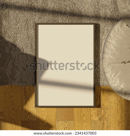 aesthetic frame mockup poster laying on the wooden floor with carpet lit by sunlight. 50x70, 20x28, 20RP frame mockup poster. 3D render. 3D illustration. Template. Royalty-Free Stock Photo #2341437003