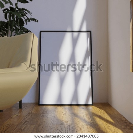 frame mockup poster on the wooden floor in the corner of the living room leaning on the white wall with plant decor and armchair. 70x100 frame mockup poster Royalty-Free Stock Photo #2341437005