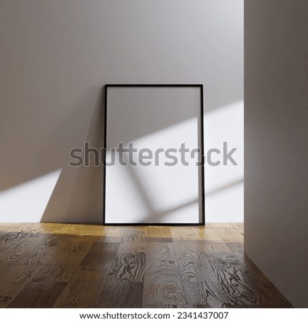 frame mockup poster on the wooden floor with light white background wall lit by sunlight. 70x100 frame mockup poster. 3D render. 3D illustration. Template.