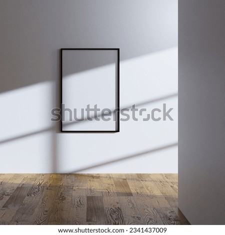 simple minimalist aesthetic frame mockup poster hanging on the white wall lit by sunlight. 70x100 frame mockup poster. wall background with window light and shadow Royalty-Free Stock Photo #2341437009